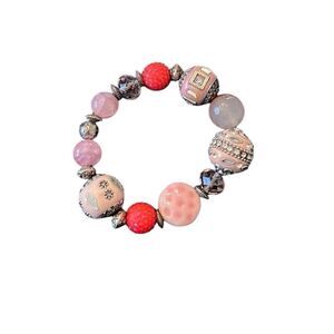 NWT Angelas Designs handmade stretchy Pink silver beaded bracelet